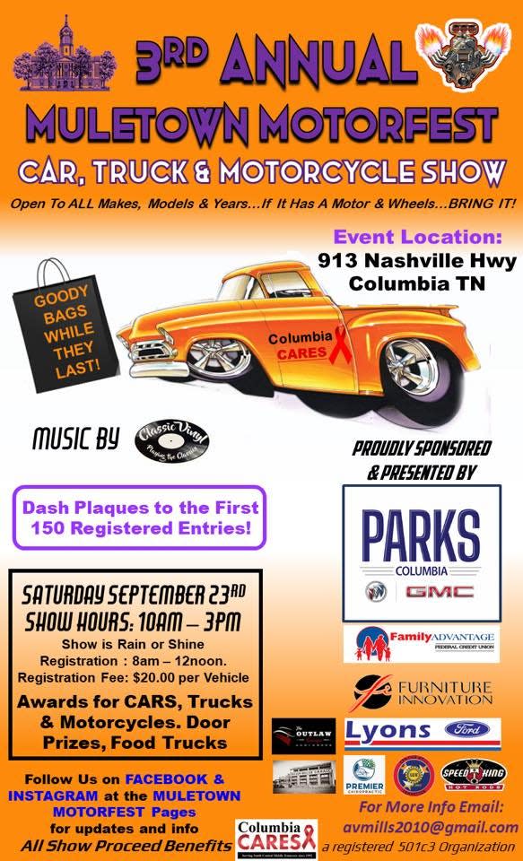 The third annual Muletown Motorfest will take place Saturday at Parks Motor Sales Buick GMC, featuring classic cars, trucks and motorcycles, food trucks, live music and more.