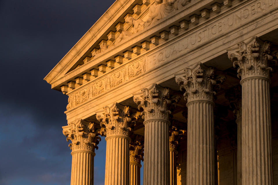 FILE - In this Oct. 10, 2017, file photo, the Supreme Court in Washington is seen at sunset. (AP Photo/J. Scott Applewhite, File)