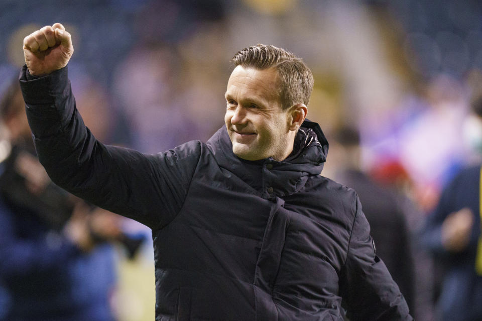 New York City FC head coach Ronny Deila celebrates after an MLS playoff soccer match against the Philadelphia Union, Sunday, Dec. 5, 2021, in Chester, Pa. (AP Photo/Chris Szagola)