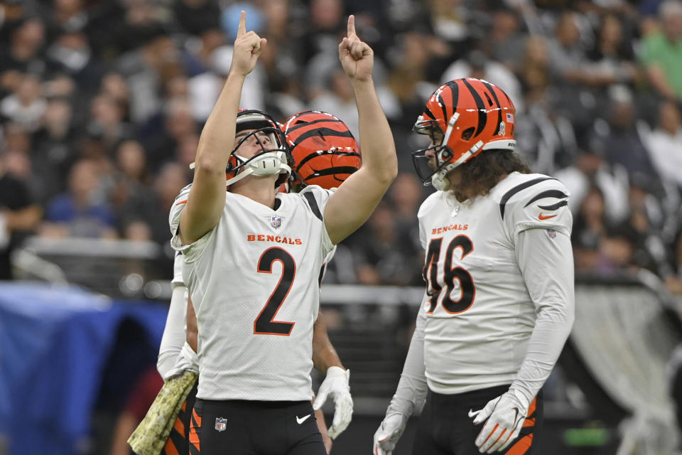 Cincinnati Bengals kicker Evan McPherson (2) reacts after making a field goal against the Las Vegas Raiders during the first half of an NFL football game, Sunday, Nov. 21, 2021, in Las Vegas. (AP Photo/David Becker)