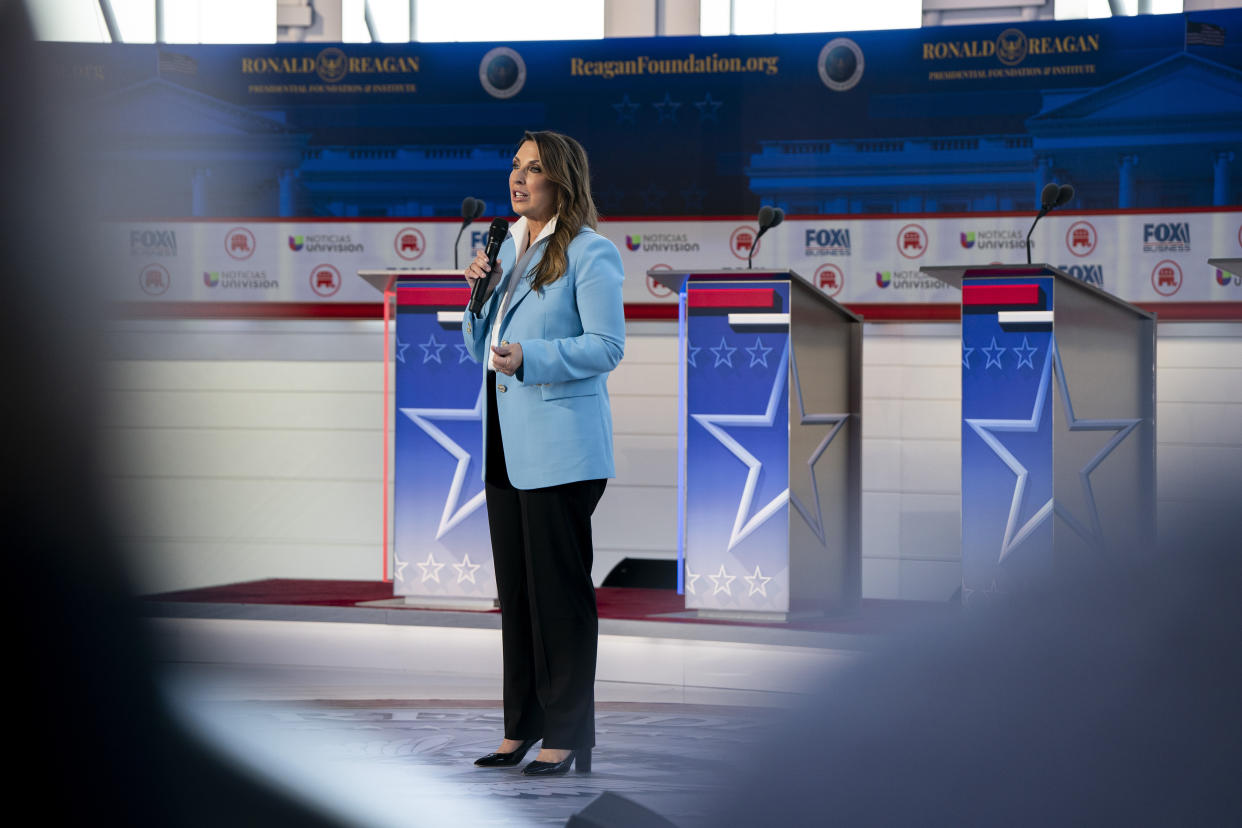 Ronna McDaniel, then chair of the Republican National Committee, whose hiring by NBC prompted a newsroom rebellion, at the GOP Primary Debate at the Reagan Library, in Simi Valley, Calif., Sept. 27, 2023. (Haiyun Jiang/The New York Times)