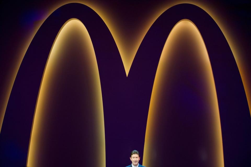 Steve Easterbrook, CEO of US fast food chain McDonald's, speaks during the re-opening of the McDonald's Restaurant at Frankfurt International Airport, on March 30, 2015 in Frankfurt am Main, Germany. AFP PHOTO / DPA/ CHRISTOPH SCHMIDT +++ GERMANY OUT (Photo credit should read CHRISTOPH SCHMIDT/DPA/AFP via Getty Images)