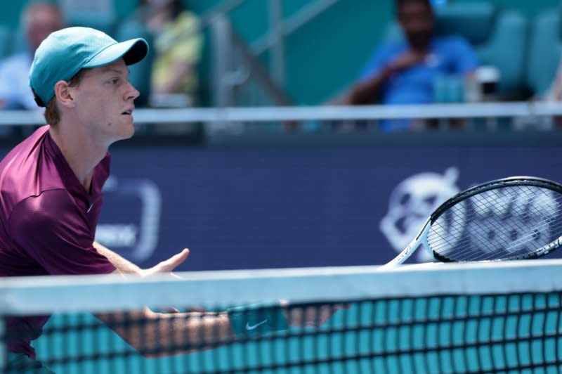 Jannik Sinner of Italy clinched a semifinal spot with a straight-sets quarterfinal win at the 2024 Miami Open on Wednesday in Miami Gardens. File Photo by Gary I Rothstein/UPI