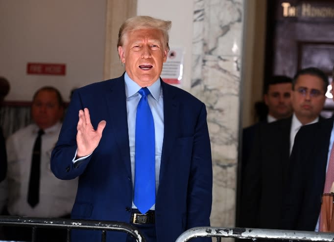 Donald Trump addresses the media at his civil fraud case in the NYS Supreme Courthouse on the topic of Michael Cohen's appearance there today. 24 Oct 2023 