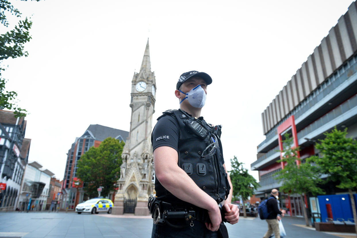 Police in Leicester City Centre on July 4th. Leicester remains in lockdown after a spike in Coronavirus cases whilst restrictions are lifted in other parts of the country.