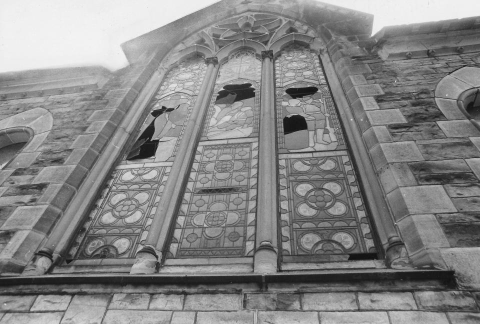 Windows are shattered at the 1876 Civil War Memorial Chapel following an explosion June 23, 1977, at Glendale Cemetery in Akron.