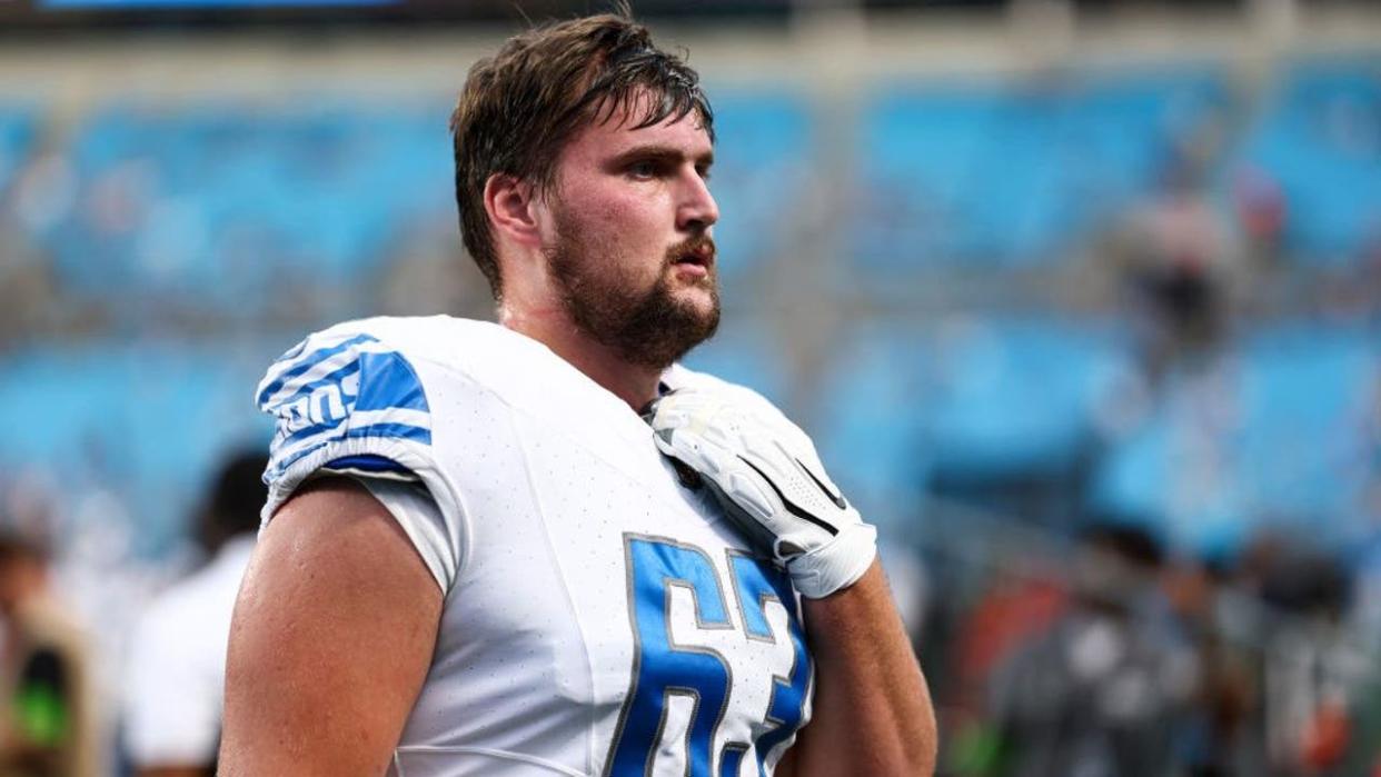 <div>CHARLOTTE, NC - AUGUST 25: Max Pircher #63 of the Detroit Lions walks off the field prior to an NFL preseason football game against the Carolina Panthers at Bank of America Stadium on August 25, 2023 in Charlotte, North Carolina.</div> <strong>(Kevin Sabitus / Getty Images)</strong>