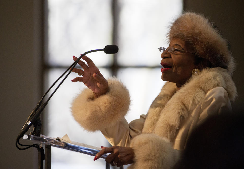 FILE - Christine King Farris, sister of the Rev. Martin Luther King Jr. speaks at the King holiday commemorative service at Ebenezer Baptist Church, the church where King preached, Jan. 19, 2015, in Atlanta. Farris, the last living sibling of Martin Luther King Jr., has died Thursday, June 29, 2023, according to her niece, the Rev. Bernice King. (AP Photo/David Goldman, File)