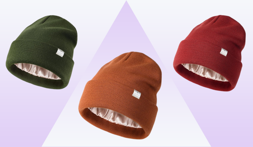 three beanie hats in green, orange, and red