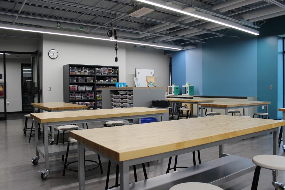 Students have new collaborative spaces in classrooms, with large tables that can be moved, depending on instructional needs.