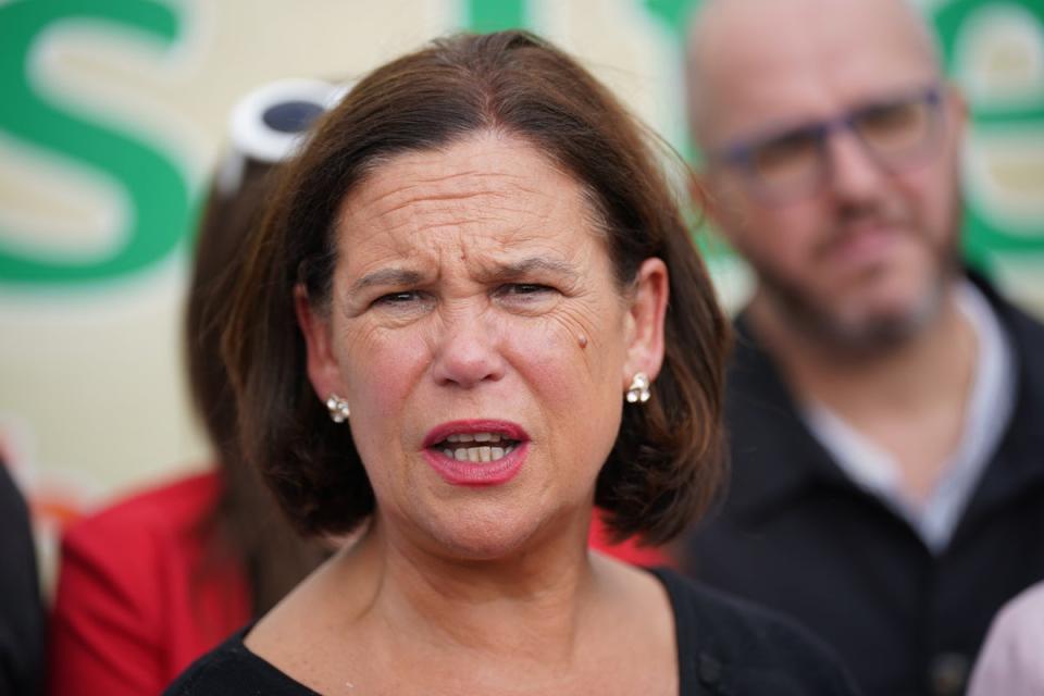Sinn Fein Leader Mary Lou McDonald speaking to the media as she visited the National Ploughing Championships at Ratheniska Co Laois. Picture date: Wednesday September 21, 2022 (Brian Lawless/PA Wire) (PA Wire)
