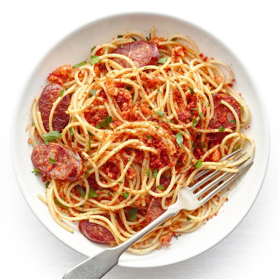 Spaghetti with Chorizo and Toasted Paprika Bread Crumbs