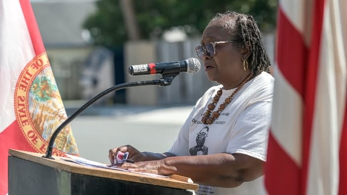 Harriet Livingston, a niece of Virgil D. Hawkins, speaks at a ceremony last week marking Hawkins’ historic law office in downtown Leesburg, Florida. (Photo: Paul Ryan/Correspondent/USA TODAY NETWORK)