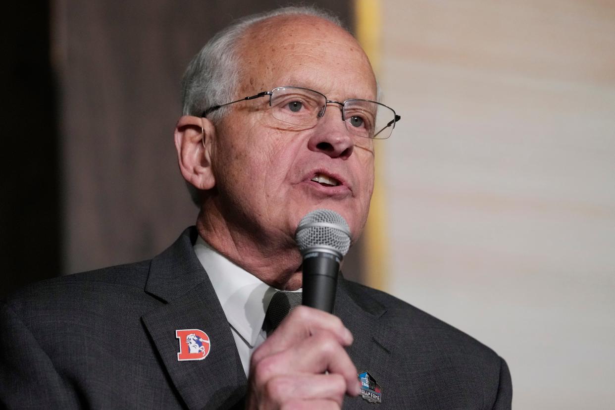 Randy Gradishar, Pro Football Hall of Fame Class of 2024, speaks during a news conference at the NFL Honors award show, Thursday, Feb. 8, 2024, in Las Vegas.