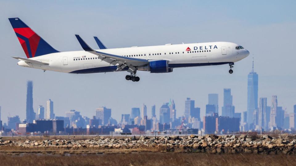 PHOTO: A Boeing 767 passenger aircraft of Delta airlines arrives at JFK International Airport in New York, Feb. 7, 2024. (Charly Triballeau/AFP via Getty Images)