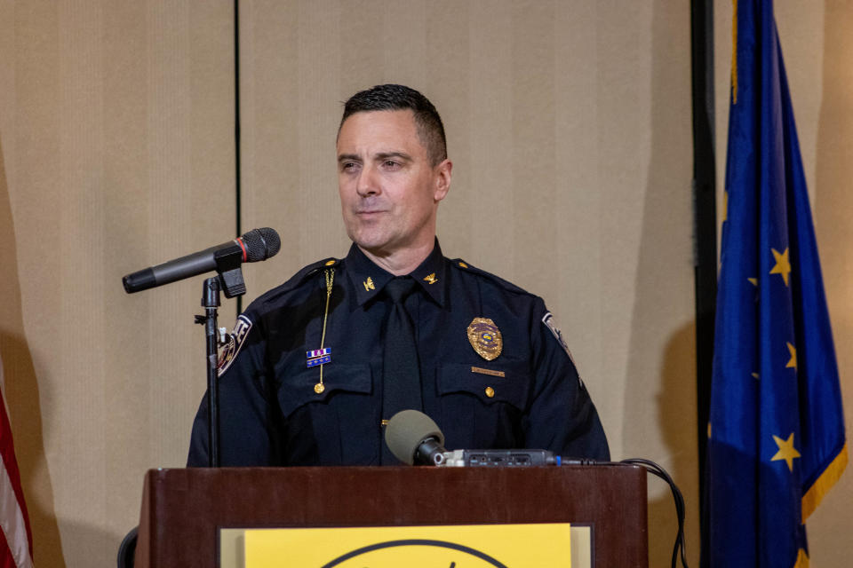 Newly-appointed Police Chief Scott Galloway, share his vision of the Lafayette Police Department with the audience at the swearing-in ceremony for Police Chief Scott Galloway, on March 21, 2022, in Lafayette.