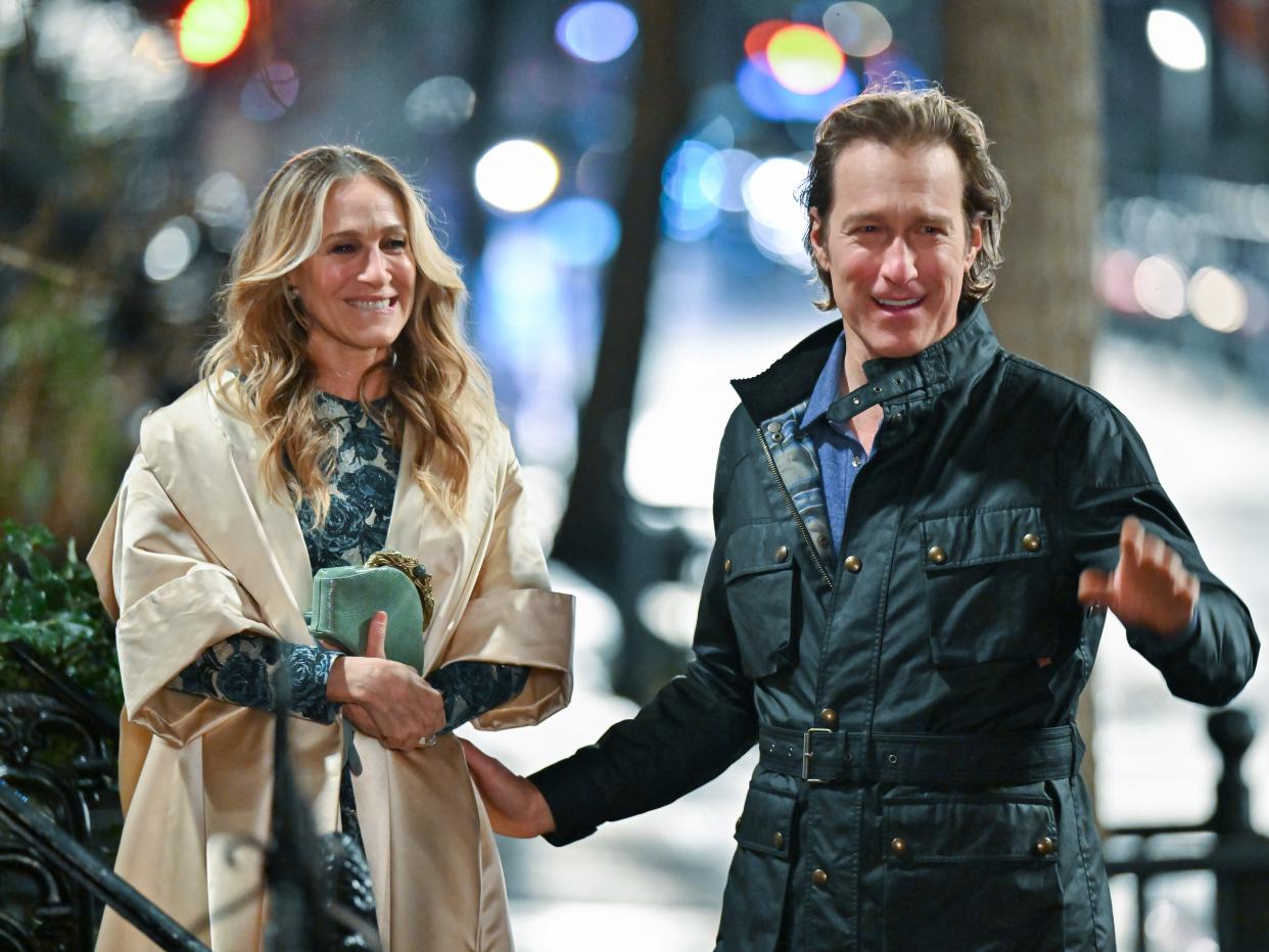 Sarah Jessica Parker and John Corbett are seen on the set of "And Just Like That..." Season 2