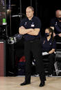 Memphis Grizzlies head coach Taylor Jenkins looks on during the first half of an NBA basketball game against the Portland Trail Blazers, Friday, July 31, 2020, in Lake Buena Vista, Fla. (Mike Ehrmann/Pool Photo via AP)