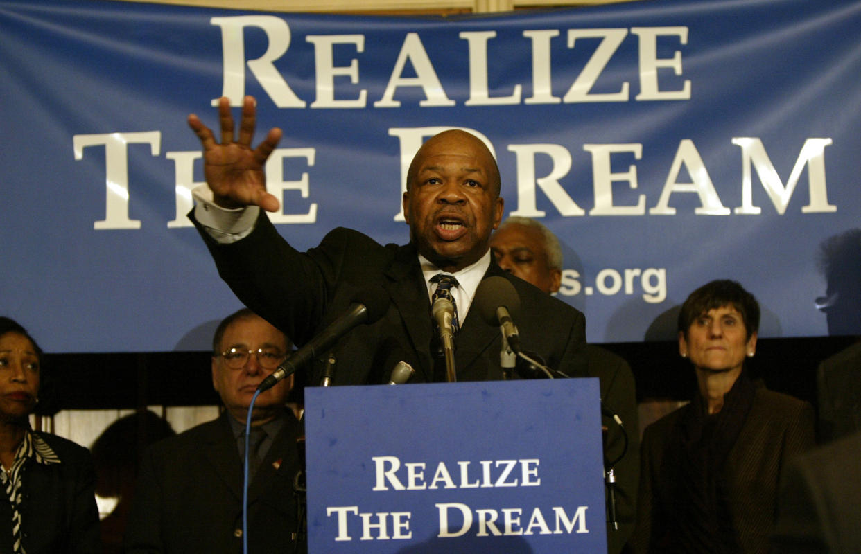 Rep. Elijah Cummings, D-Md., gestures during a press conference on Wednesday, Feb. 11, 2004 in Washington. Cummings was part of a news conference to support the Civil Rights Act of 2004.  (Photo: Evan Vucci/AP)