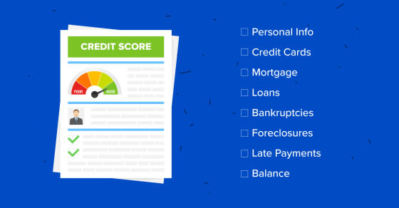 Graphic illustration of credit report with unnumbered list of information typically detailed in credit reports.