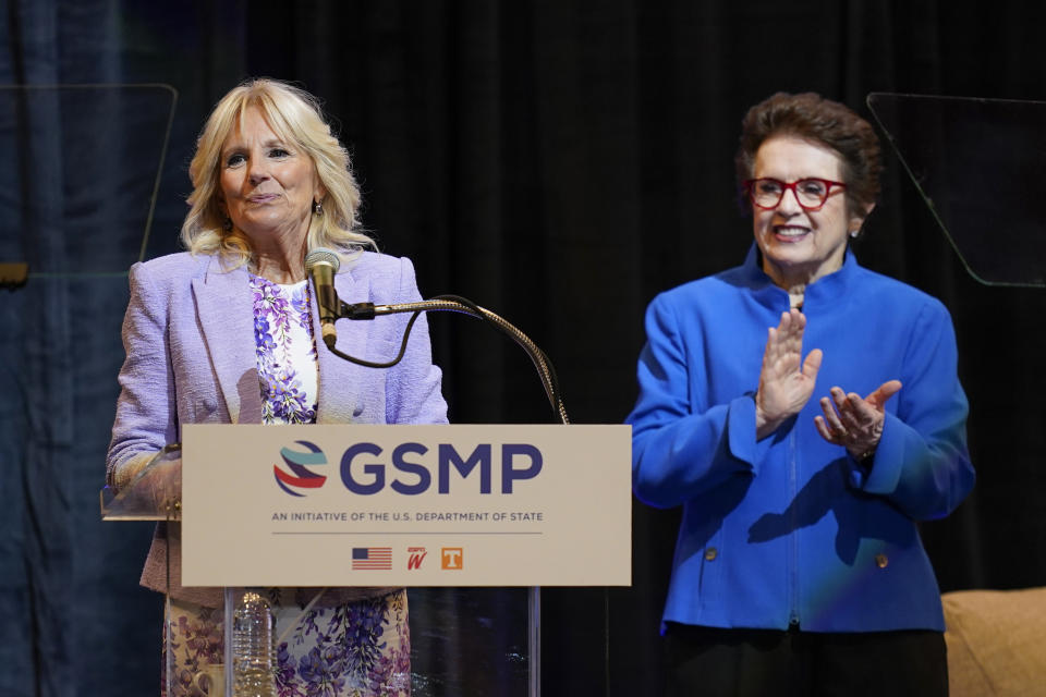 First lady Jill Biden speaks alongside tennis great Billie Jean King at an event to celebrate the 10th anniversary of the State Department-espnW Global Sports Mentoring Program and the 50th anniversary of Title IX, Wednesday, June 22, 2022, in Washington. (AP Photo/Patrick Semansky)