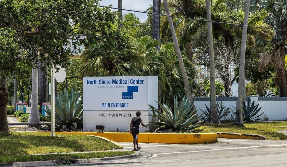 A man walk by the entrance to the North Shore Medical Center, located at 1100 NW 95th St, in North Miami on Saturday April 27, 2024.