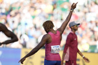 Noah Lyles, of the United States, reacts after winning a heat in the men's 200-meter run at the World Athletics Championships on Monday, July 18, 2022, in Eugene, Ore. (AP Photo/Ashley Landis)