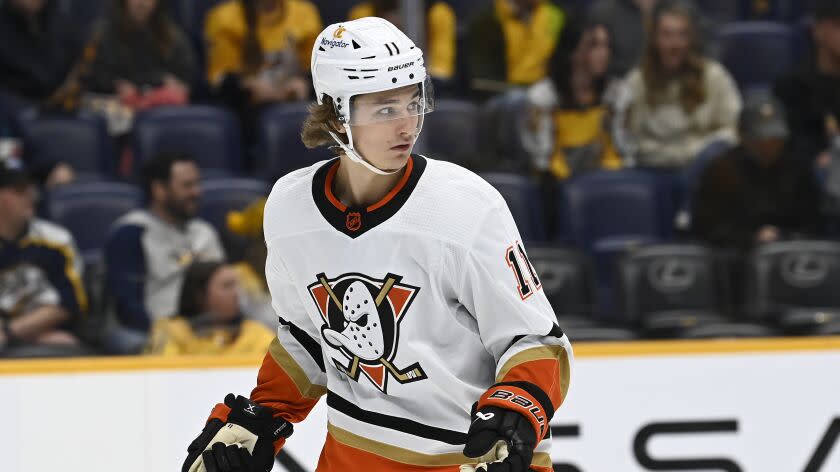 Anaheim Ducks center Trevor Zegras (11) plays against the Nashville Predators during the first period of an NHL hockey game Tuesday, Nov. 29, 2022, in Nashville, Tenn. (AP Photo/Mark Zaleski)