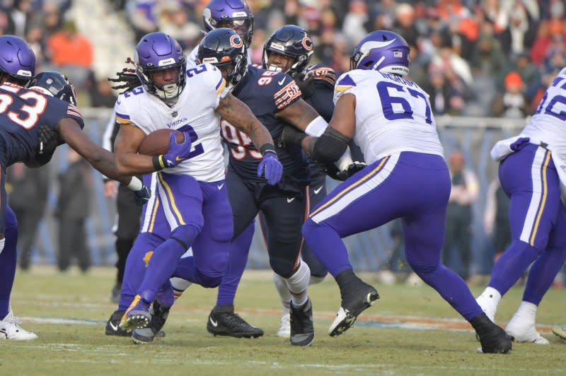 Minnesota Vikings running back Alexander Mattison (C) totaled 83 yards from scrimmage and a score on 25 touches through two weeks this season. File Photo by Mark Black/UPI