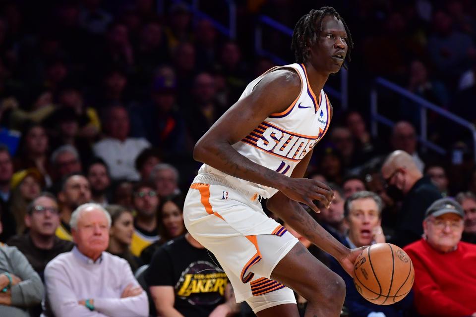 Phoenix Suns center Bol Bol (11) controls the ball against the Los Angeles Lakers during the first half at Crypto.com Arena.