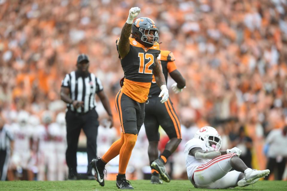 Tennessee defensive back Tamarion McDonald (12) celebrates on the field during a football game between Tennessee and Austin Peay at Neyland Stadium in Knoxville, Tenn., on Saturday, Sept. 9, 2023.
