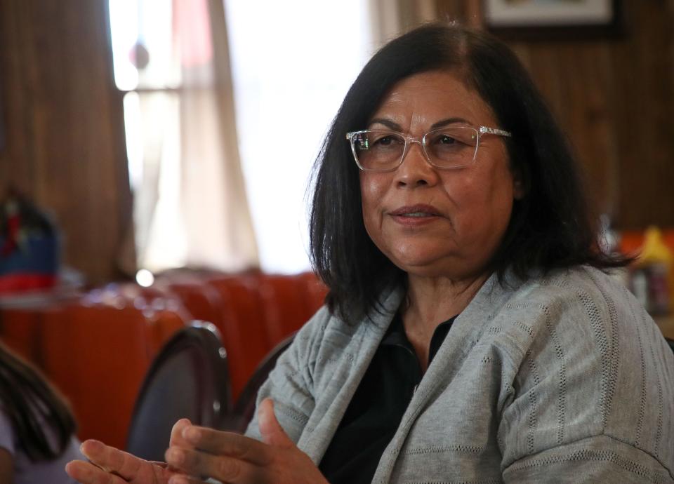 Nellie Perez talks about how much she pays for water while living in Niland, Calif., March 2, 2023.  Niland is serviced by the Golden Coast Water Company based in San Dimas, Calif. 