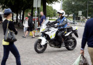 Finnish police patrols on motorbike after stabbings in Turku, in Central Helsinki, Finland August 18, 2017. LEHTIKUVA/Linda Manner via REUTERS