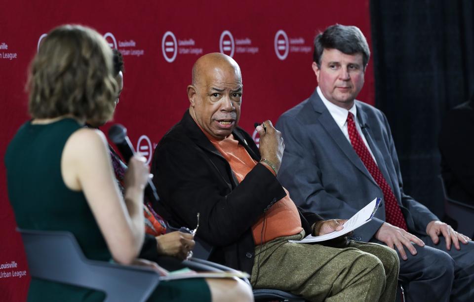 Raoul Cunningham, president of the Louisville Branch NAACP, makes remarks during the community discussion on the proposed JCPS student assignment changes at the Norton Healthcare Sports and Learning Campus in Louisville, Ky. on March 22, 2022.  