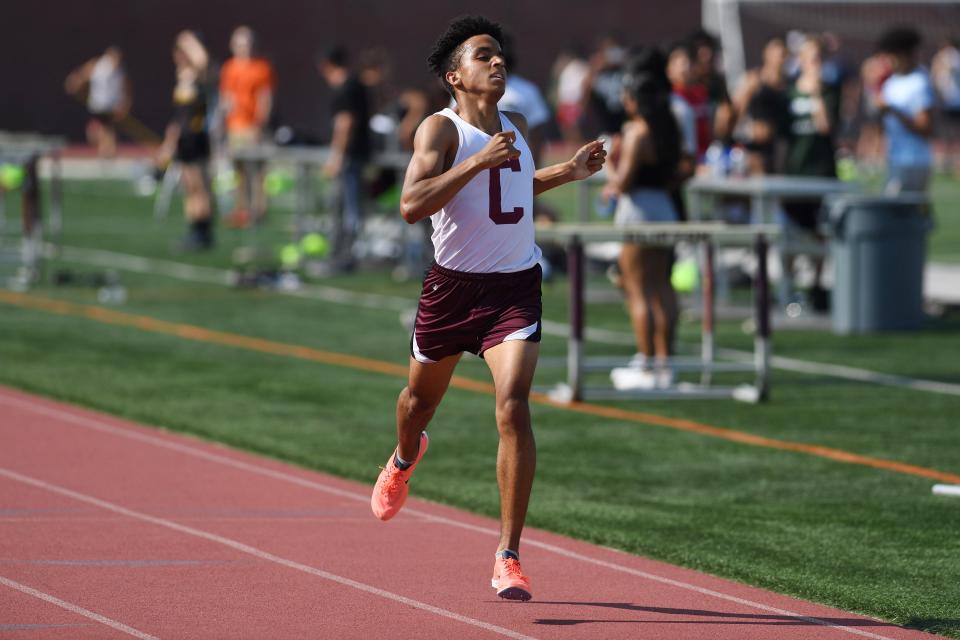 Big North Independence and Liberty track meet at Clifton Stadium on Wednesday, May 26, 2021. Jacob Heredia, of Clifton, finishes first in the 1600m. 