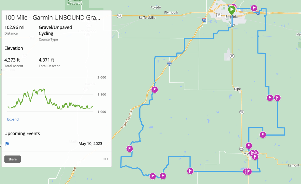 Route map for 2023 Unbound Gravel 100