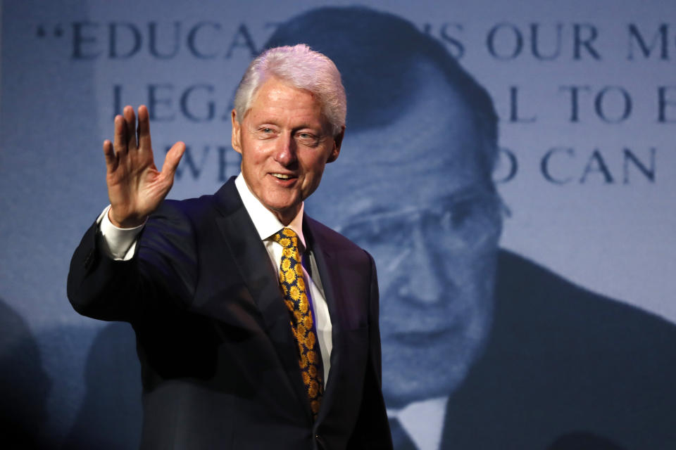 Former President Bill Clinton arrives speak at a George and Barbara Bush Distinguished Lecture series event, Friday, Sept. 27, 2019, at the University of New England in Biddeford, Maine. (AP Photo/Robert F. Bukaty)