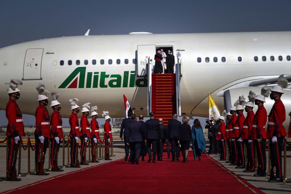 Pope Francis leaves the Alitalia aircraft that transported him to Iraq, at Baghdad Airport.AFP via Getty Images