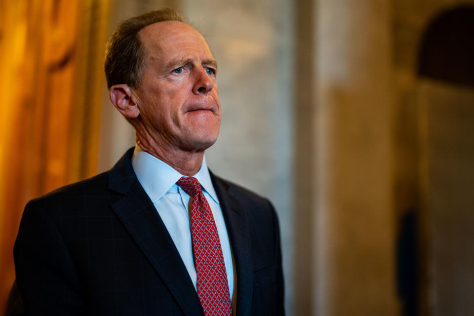 WASHINGTON, DC - JULY 28: Sen. Pat Toomey (R-PA) exits the Senate Chamber following a vote on Capitol Hill on Thursday, July 28, 2022 in Washington, DC. (Kent Nishimura / Los Angeles Times via Getty Images)