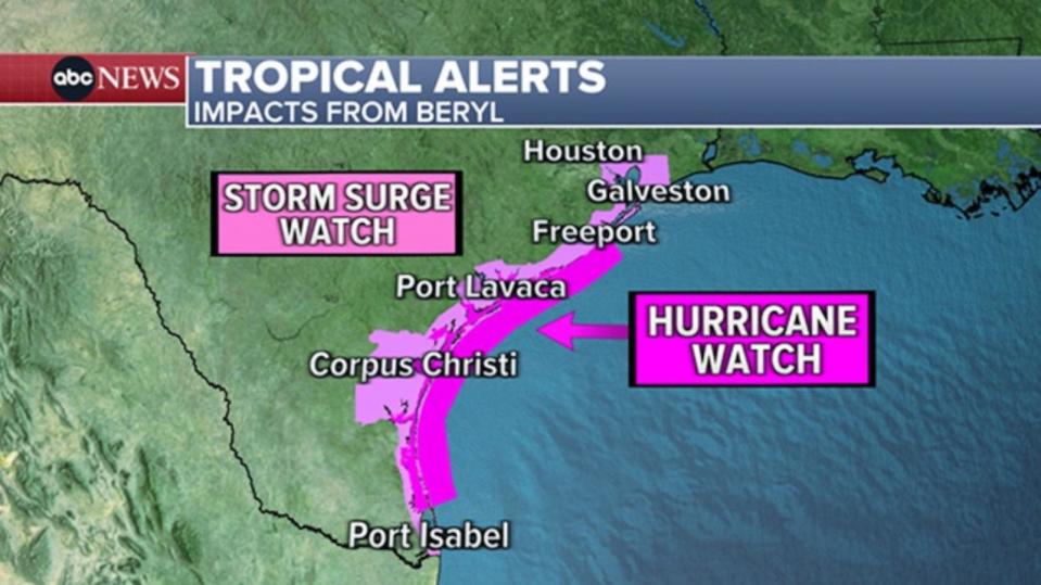 PHOTO: Tropical alerts map for Hurricane Beryl (ABC News)
