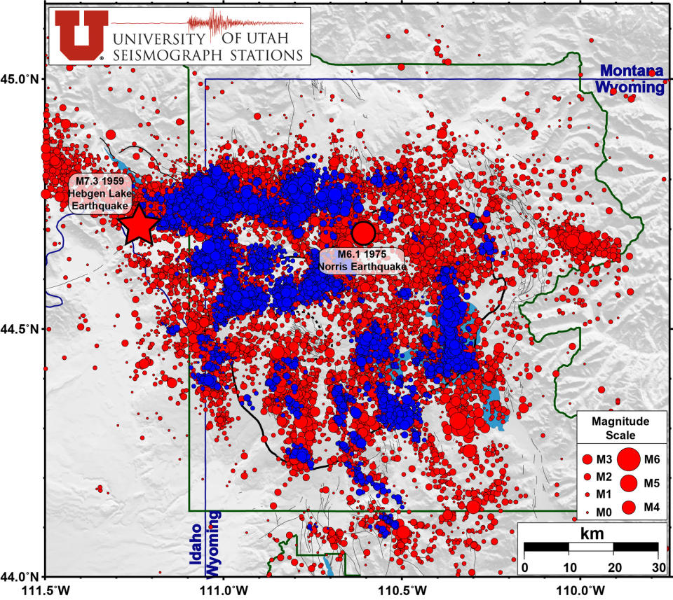  map of Yellowstone National Park and the earthquakes that were located there from 1973-2023