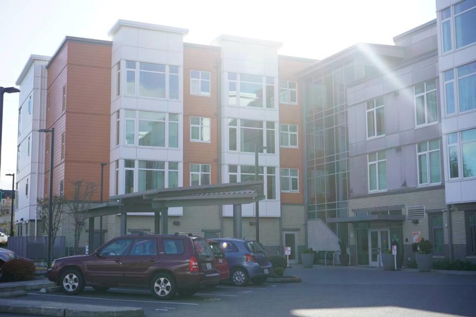 The sun shines above the Eleanor Apartments on Tuesday, April 11, 2023, at 1510 N. Forest St. in Bellingham, Wash. The affordable housing complex is designed to house tenants who make 30% and 50% of the area’s median income.