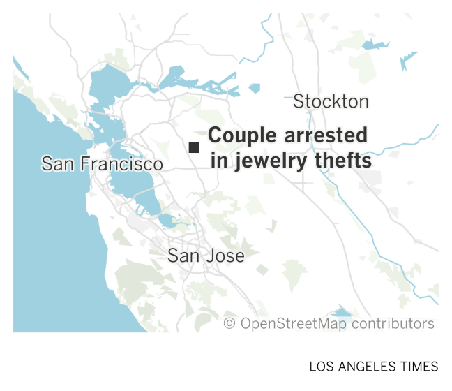 A map of the San Francisco Bay Area showing where a couple was arrested in San Ramon in connection with jewelry thefts