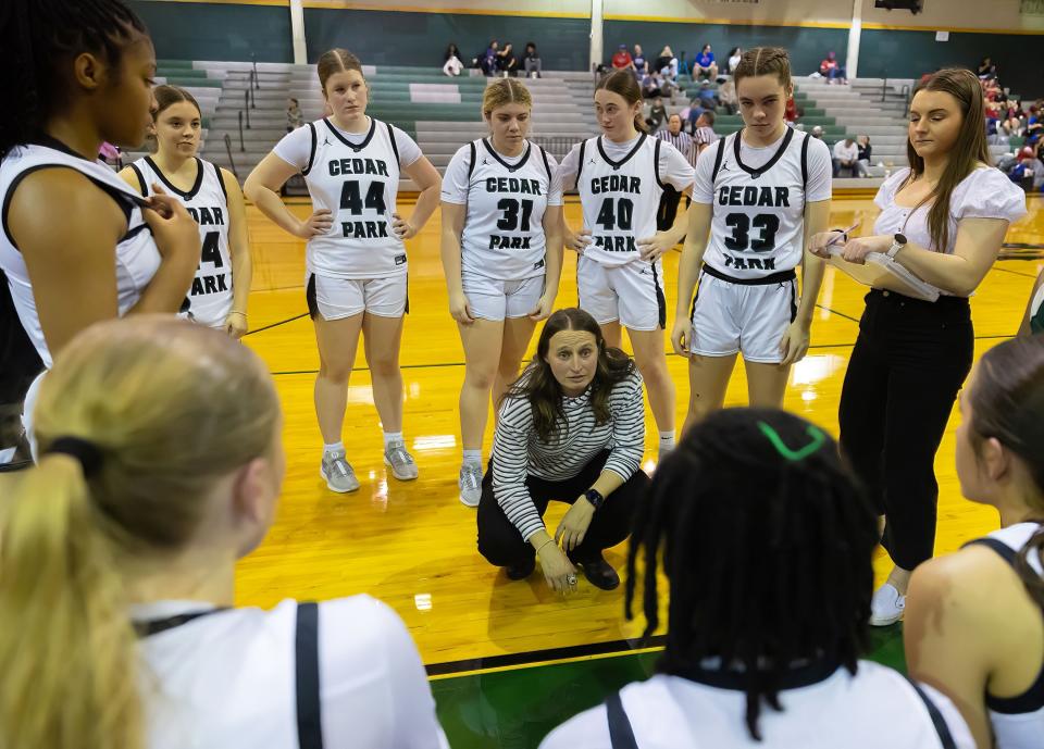 Cedar Park girls basketball coach Kami Williamson talks to her team during their Jan. 26 District 25-5A game against Hays. The Timberwolves are the Austin area's lone team to make this week's UIL state tournament in San Antonio; it's their third trip to state in the last four years.