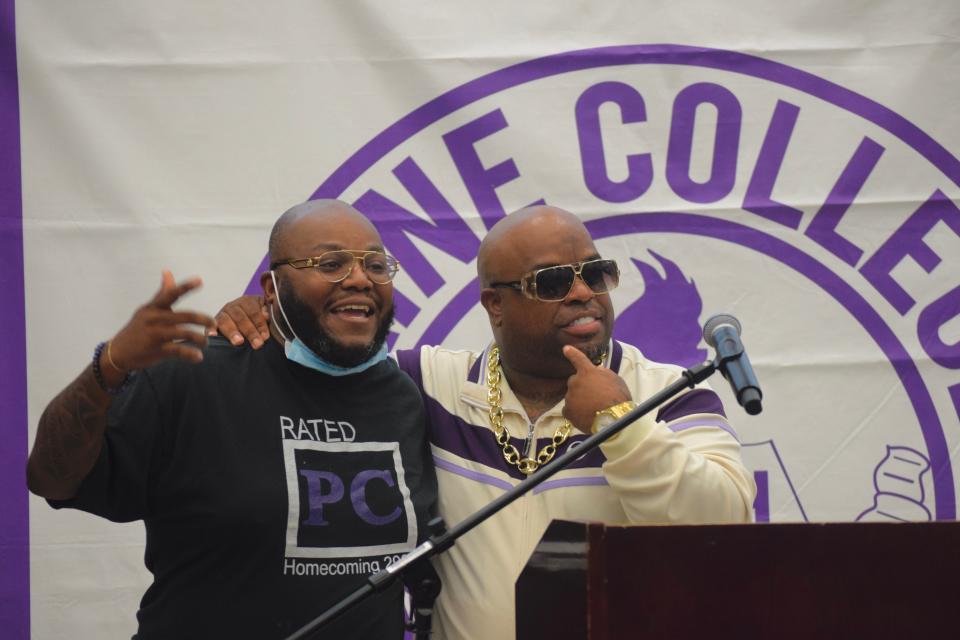 Grammy-winning singer and Paine College Artist in Residence CeeLo Green, right, and Paine Residential Director Raymond Dudley, left, laugh about their resemblances to each other at a lecture at Paine's Ellis and Anne Johnson Performing Arts Studio in Augusta, Georgia, on Aug. 4, 2022.