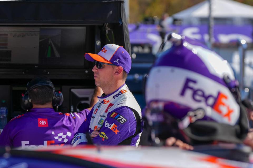 Oct 28, 2023; Martinsville, Virginia, USA; NASCAR Cup Series driver Denny Hamlin (11) on pit road at Martinsville Speedway.