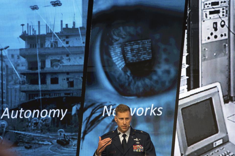 U.S. Air Force Brig. Gen. David A. Mineau speaks at the Dubai International Air Chiefs' Conference in Dubai, United Arab Emirates, Sunday, Nov. 12, 2023. As Israel unleashes one of the most-intense aerial bombing campaigns the Mideast has ever seen, leaders from the world's top air forces met Sunday in the United Arab Emirates to talk almost anything that wasn't an airstrike. (AP Photo/Jon Gambrell)