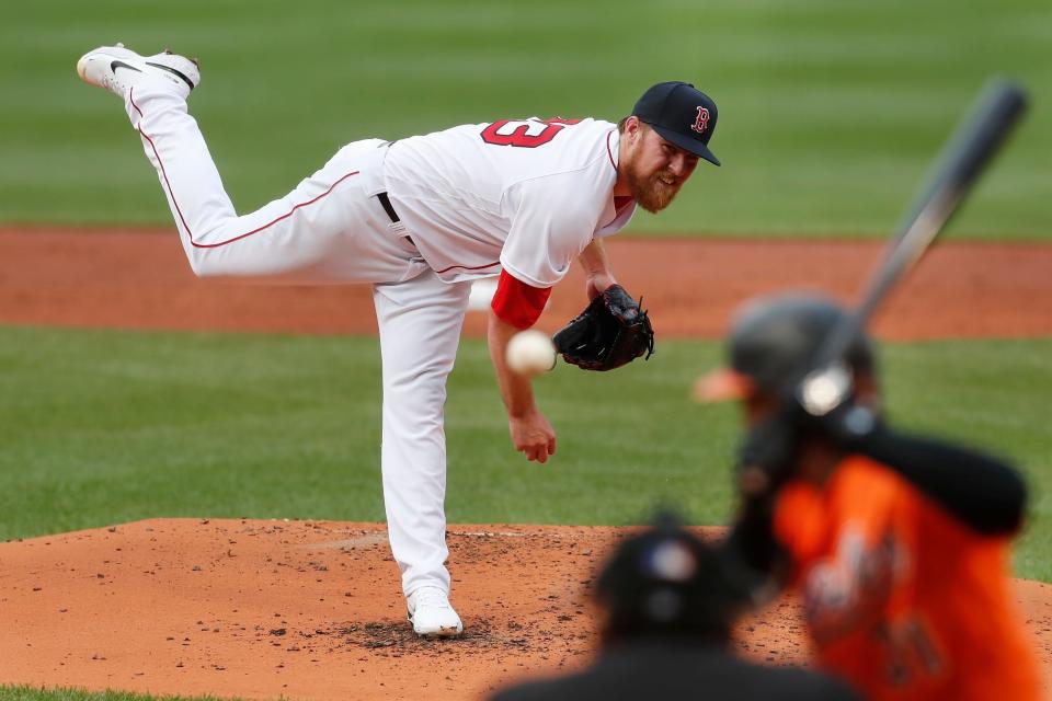 Boston Red Sox's Josh Winckowski pitches during the second inning of the second game of a baseball doubleheader against the Baltimore Orioles, Saturday, May 28, 2022, in Boston. (AP Photo/Michael Dwyer)