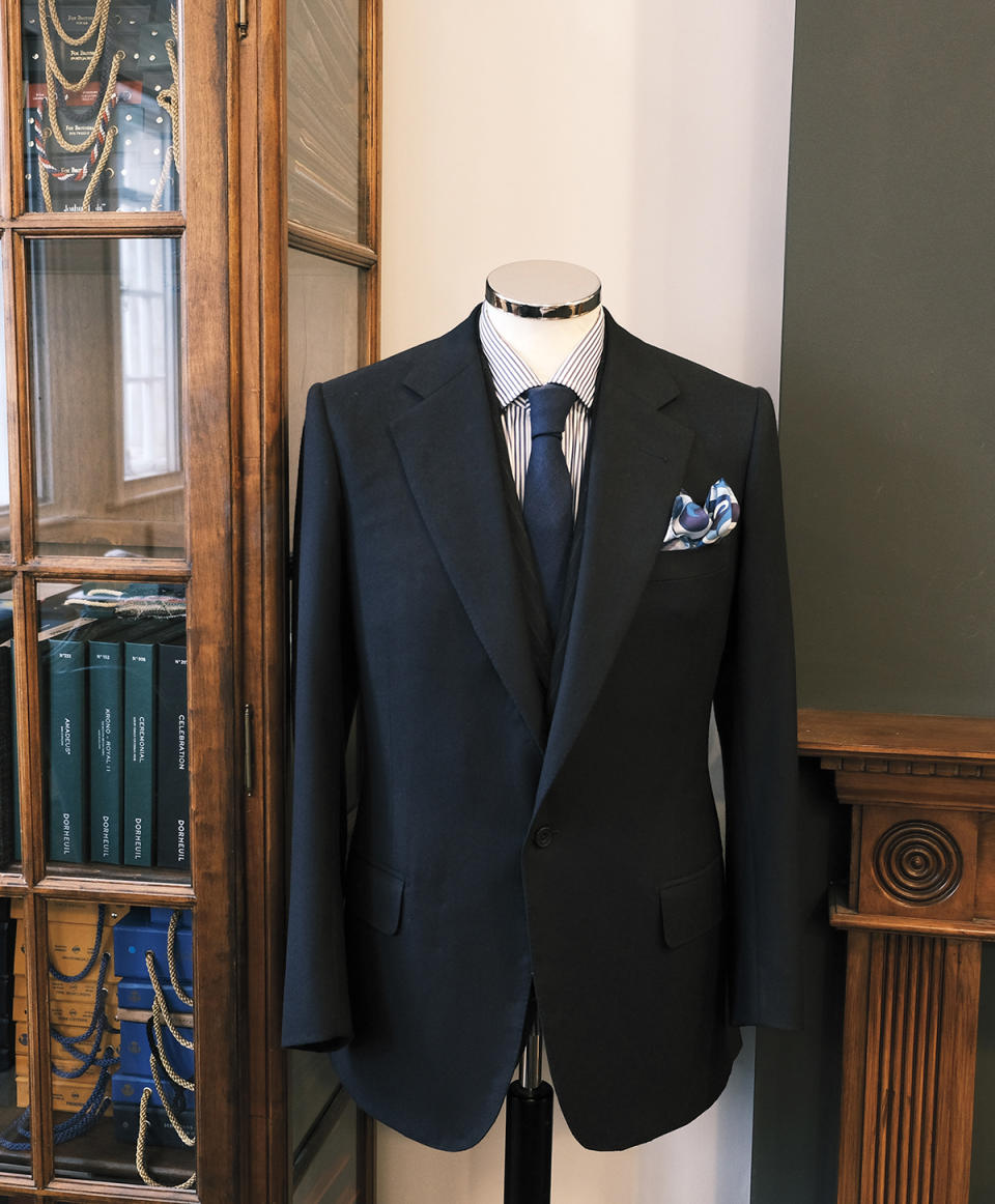 The pieces of many Whitcomb & Shaftesbury bespoke suits are cut in London then sewn in India