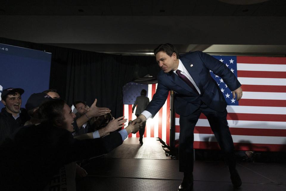 Florida Governor and Republican presidential hopeful Ron DeSantis arrives at a watch party during the Iowa Caucus in West Des Moines on Jan. 15, 2024. <a href="https://www.gettyimages.com/detail/news-photo/florida-governor-and-republican-presidential-hopeful-ron-news-photo/1928402087?adppopup=true" rel="nofollow noopener" target="_blank" data-ylk="slk:Christian Monterrosa/AFP via Getty Images;elm:context_link;itc:0;sec:content-canvas" class="link ">Christian Monterrosa/AFP via Getty Images</a>